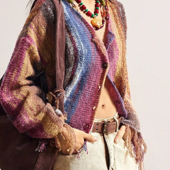 Multicolor Casual Women's colorful Ombre Striped Fringe Hem Cardigan - Picture 3 of 8